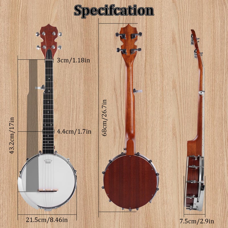 Mulucky 5 String Banjo Mini - Mulucky 26 Inch Travel Banjo Sapele Body Closed Solid Back Beginner Kit With Gig Bag Picks Strings Strap - B806 - Image 5